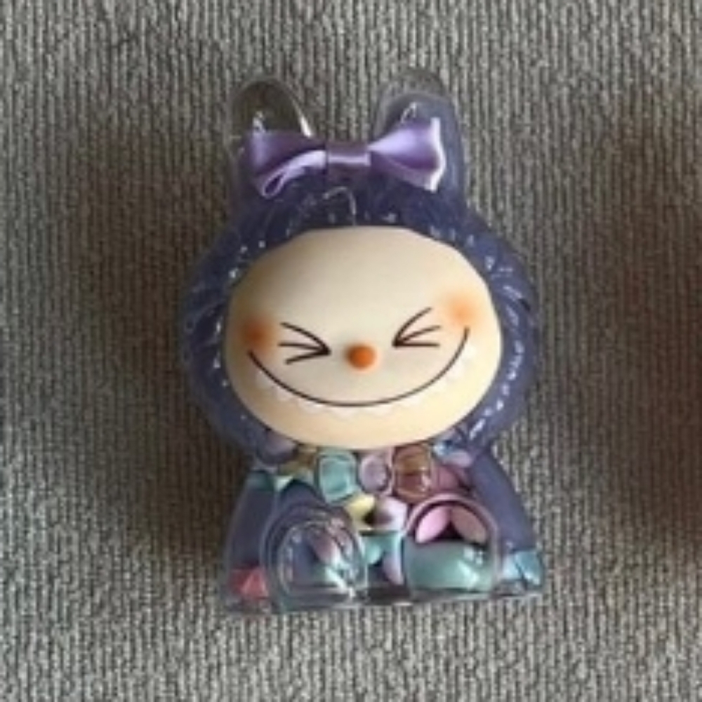 Smiling PURPLE LABUBU The Monster Figurine Purple Bow & Colorful Bead Liquid Fi…